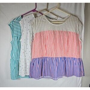 Set of 3 Style & Co Red White Blue Stripe  Cap Sleeve Ruffle Hem Cotton Sz XL